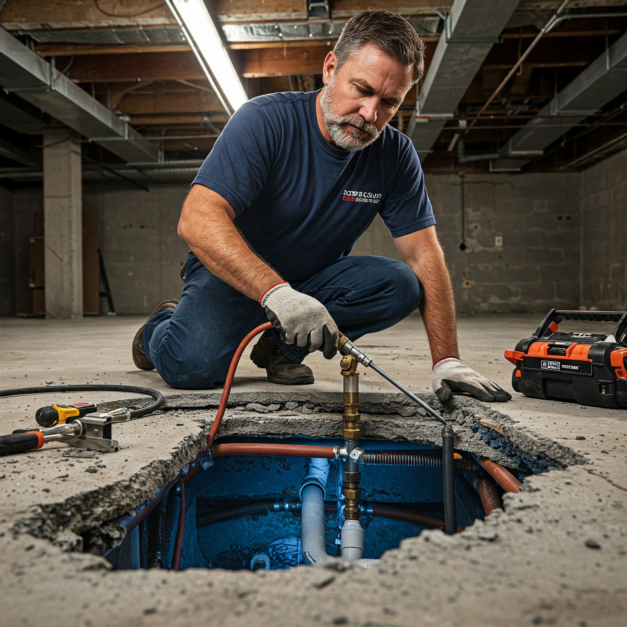 Man performing plumbing repairs on exposed wastewater pipes in a basement, emphasizing professional maintenance and leak detection services.