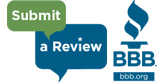 BBB review invitation graphic for Plumb Tech, featuring "Submit a Review" button and BBB logo, highlighting customer feedback and service reliability.